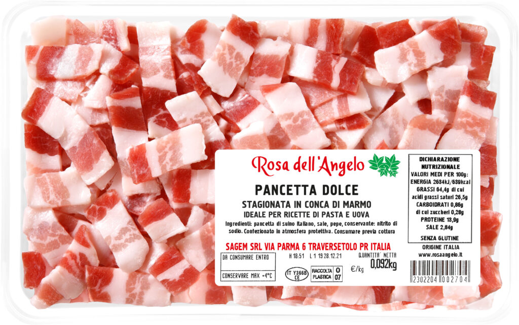 Cubetti di pancetta dolce stagionata in conca di marmo ottima per sughi e saltata in padella con uova