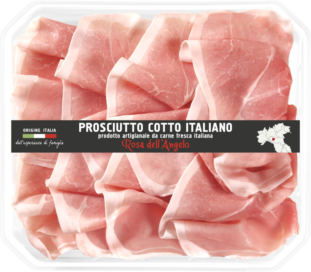 Italian Prosciutto cotto slowly boiled in oven and sliced in tray