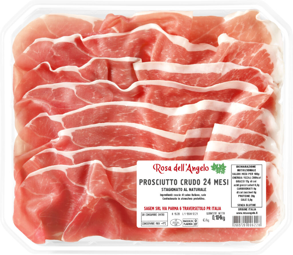 Prosciutto stagionato 24 mesi affettato e confezionato in vaschetta